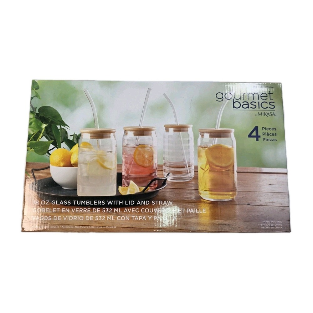Mikasa Gourmet Basics 18oz Glass Tumblers Set of 4 w/ Bamboo Lid & Tritan Straw‎